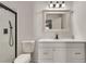 A modern bathroom featuring a white vanity and walk-in shower with dark fixtures at 2216 Marbut Farms Trce, Lithonia, GA 30058