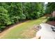 Expansive backyard features lush greenery, wooded views, and a charming fire pit area for outdoor enjoyment at 6061 Meridian Nw Dr, Acworth, GA 30101