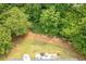 Aerial view of a lush backyard with mature trees, well manicured lawn, and a patio area at 1865 Morgans Run Trl, Buford, GA 30519
