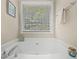 Bright main bathroom featuring a large soaking tub under a window, creating a spa-like atmosphere at 1865 Morgans Run Trl, Buford, GA 30519