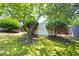 Backyard showcasing a storage shed bordered by bushes, set within a fenced-in yard with grass at 4527 Baker Grove Nw Rd, Acworth, GA 30101