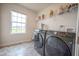 Laundry room showcasing black front load washer and dryer, tile floors, and a window for natural light at 6827 Chataran Dr, Lithia Springs, GA 30122