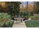 Outdoor fire pit with stone surround, seating, and manicured landscaping at 803 Courtenay Ne Dr, Atlanta, GA 30306