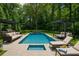Secluded backyard with a sparkling pool, lounge chairs, grill, and verdant trees at 803 Courtenay Ne Dr, Atlanta, GA 30306
