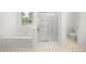 Bright bathroom with a soaking tub and a separate glass-enclosed shower at 4178 Mcever Park Dr, Acworth, GA 30101