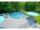 Above-ground pool with deck, ladder, lounge chairs, and patio umbrella with fenced yard at 117 Village Ct, Woodstock, GA 30188