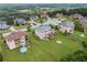An aerial view showcasing homes with lush green lawns, decks, patios and an above ground pool at 5070 Laurel Ridge Dr, Cumming, GA 30040