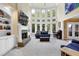 Inviting living room with a stone fireplace, built-in shelves, and large windows at 6260 Sturbridge Ln, Cumming, GA 30040