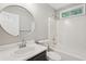 This bathroom is updated with a newer vanity, toilet, and a tub-shower combo at 4005 Greentree Ct, Douglasville, GA 30135