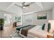 Staged main bedroom with hardwood floors and an ensuite bathroom at 4005 Greentree Ct, Douglasville, GA 30135