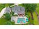 Aerial view of home showcasing in-ground pool, manicured lawn and lush landscaping at 710 Cox Rd, Roswell, GA 30075