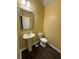 Cozy half bathroom featuring a pedestal sink, toilet and modern fixtures and hardware at 102 Daisy Cir, Mcdonough, GA 30252