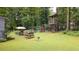 Expansive backyard featuring a garden, patio, and a whimsical playhouse with a swing set at 1880 Doefield St, Canton, GA 30115