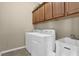 Bright laundry room includes washer, dryer, utility sink, and storage cabinets at 6370 Stillwood Ln, Cumming, GA 30041