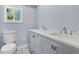 Well-lit bathroom with double sink vanity, new fixtures, and a modern commode at 2158 Huckleberry Ln, Lithia Springs, GA 30122