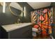 Stylish bathroom with modern vanity, updated fixtures, and unique shower curtain at 3453 Drayton Ne Dr, Roswell, GA 30075