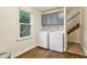 Bright laundry room with blue cabinets and like-new washer and dryer at 3453 Drayton Ne Dr, Roswell, GA 30075