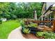 Lush backyard landscaping featuring beautiful flowers, shrubs, stone walls, and a charming wooden fence at 2263 Hill Creek Way, Marietta, GA 30062