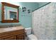 Cheerful bathroom with granite vanity, airplane shower curtain and kid-friendly decorations at 193 Stonegate Trl, Carrollton, GA 30116