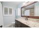 Well-lit bathroom featuring granite countertop, vanity and mirror at 226 Nacoochee Dr, Woodstock, GA 30188