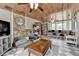 Spacious sunroom with wood ceilings, stone fireplace and ample seating at 1365 Lower Creighton Rd, Cumming, GA 30028