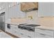 Close up of kitchen showing professional range and custom cabinetry at 157 Shadburn Ferry Rd, Buford, GA 30518
