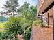 View of the brick home's lush yard surrounded by a lot of big green trees at 8710 Mount Rushmore Dr, Johns Creek, GA 30022