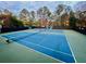 Well-maintained blue and green tennis courts surrounded by tall trees, perfect for a match at 8710 Mount Rushmore Dr, Johns Creek, GA 30022