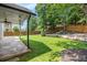 This backyard features a covered patio and spacious lawn, perfect for outdoor activities at 300 Windsor Chase Trl, Johns Creek, GA 30097