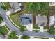 Overhead view of a neighborhood showcasing a house with solar panels, a backyard, and tree-lined streets at 893 Whitfield Oak Rd, Auburn, GA 30011