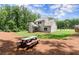 Backyard view with a picnic table on pinestraw and lush green lawn with a modern home at 65 Harmony Woods Ln, Dallas, GA 30157