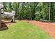 Lush backyard with a manicured lawn and a wooded backdrop, offering a private outdoor space at 65 Harmony Woods Ln, Dallas, GA 30157