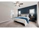 Cozy bedroom with a blue accent wall, ceiling fan, and carpet flooring with natural lighting at 65 Harmony Woods Ln, Dallas, GA 30157
