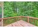 Wooden back deck is surrounded by lush green trees and beautiful foliage, perfect for outdoor living at 3599 Brookstone Way, Union City, GA 30291