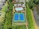 An aerial shot shows community tennis courts and a pool with ample space for residents to enjoy outdoor activities at 127 Sanctuary Ave, Woodstock, GA 30188