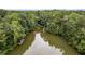 Aerial view showcasing a serene lake surrounded by lush greenery and a boathouse at 212 Teepee Trl, Whitesburg, GA 30185