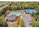 Aerial view of community pool, tennis courts, parking, playground, and clubhouse surrounded by trees at 5310 Chestnut Dr, Cumming, GA 30040