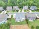 Aerial view of a fenced in backyard and patio of a single Gathering home in a suburban neighborhood at 226 Creek View Ln, Acworth, GA 30102
