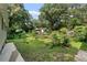 Green backyard featuring mature trees, a storage shed, and ample space for outdoor activities at 433 Pine Dr, Pine Lake, GA 30072