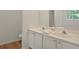 Bright bathroom with double sinks, white cabinets, and modern fixtures at 506 Bluff Ct, Woodstock, GA 30188