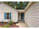 Close-up of a home's entrance, featuring a blue front door and white siding with blue shutters at 506 Bluff Ct, Woodstock, GA 30188