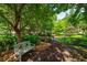 Backyard of property boasts mature trees and landscaping with a bench for enjoying the outdoors at 1344 Fernwood Ne Cir, Brookhaven, GA 30319