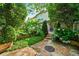Landscaped backyard with stone pathway, garden beds, and mature trees at 1344 Fernwood Ne Cir, Brookhaven, GA 30319