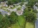 Aerial view of the house with a mature tree cover nestled in a peaceful residential neighborhood at 3042 Oak Vista Way, Lawrenceville, GA 30044