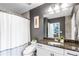 Contemporary bathroom boasts a granite countertop, modern fixtures, and a shower curtain at 855 Peachtree Ne St # 2309, Atlanta, GA 30308