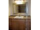 This bathroom includes a granite countertop, a large framed mirror and wood cabinets at 219 Park Avenue, Woodstock, GA 30188