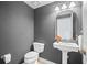 Stylish powder room with gray walls, pedestal sink, and modern fixtures at 3074 Vinings Ridge Se Dr, Atlanta, GA 30339