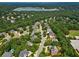 Expansive aerial view showing the neighborhood's lush greenery, community lake, and well-maintained streets at 9745 Autry Falls Dr, Alpharetta, GA 30022