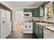 Kitchen with green cabinets, white appliances, and an open view to the dining area at 2855 Monticello Pl, Decatur, GA 30030