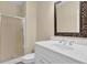 Bathroom featuring a glass shower, white vanity, and complementary fixtures at 2216 Trammel Rd, Cumming, GA 30041